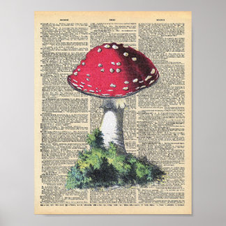 Poster Dictionnaire vintage Art Rouge Champignons Fairy H