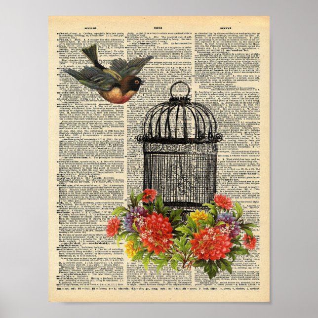 Poster Dictionnaire vintage Oiseau et cage (Devant)