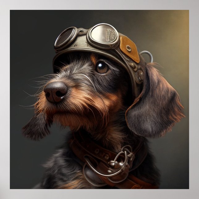 Poster Dieselpunk À poils durs Dachshund Steampunk Gogget (Devant)