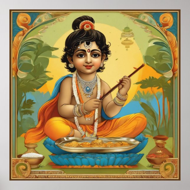 Poster Dieu divin Krishna dans Enfance avec Flûte (Devant)