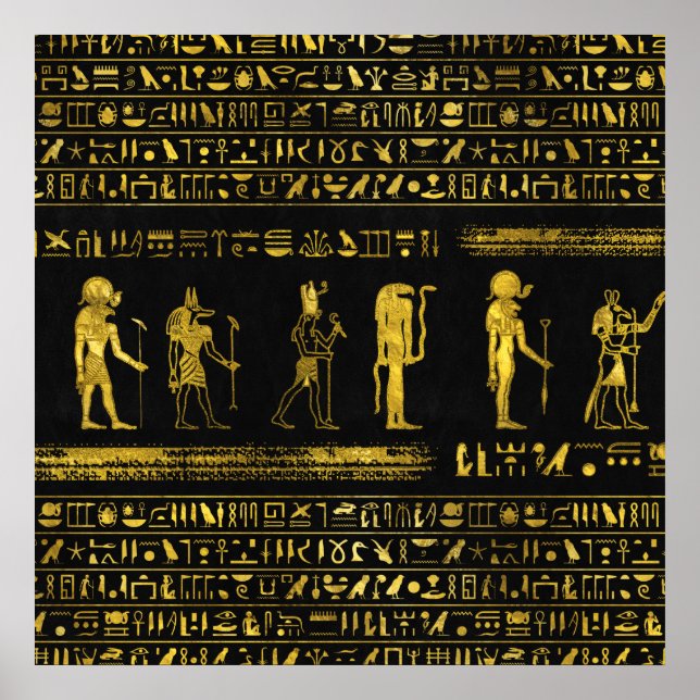 Poster Dieux égyptiens dorés et hiéroglyphes en cuir (Devant)
