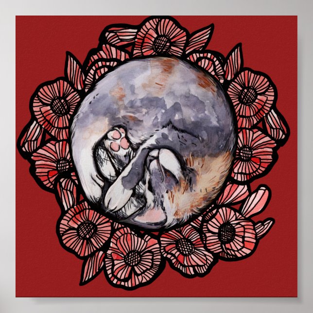 Poster Dilute Calico Kitty Chat Red Poppy Flower Chats (Devant)