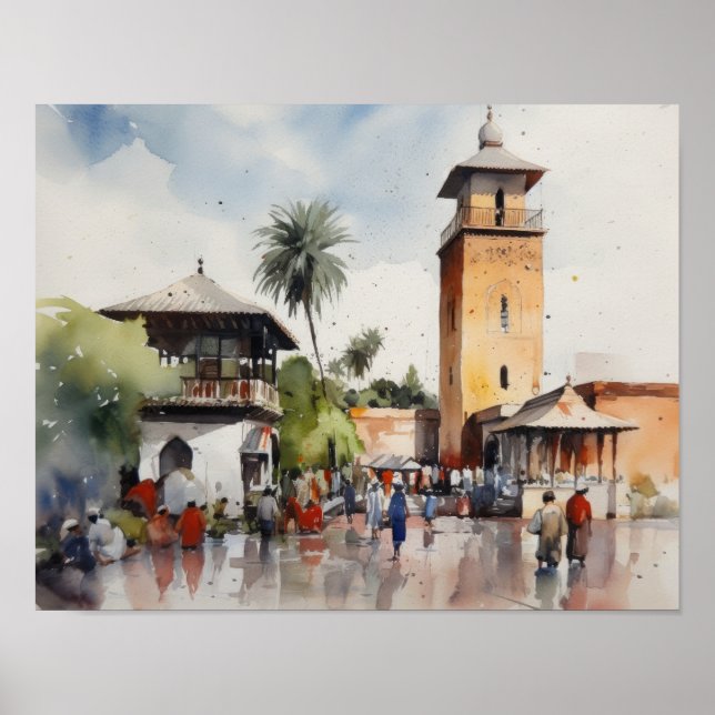Poster d'impression de l'aquarelle Marrakech Maroc (Devant)