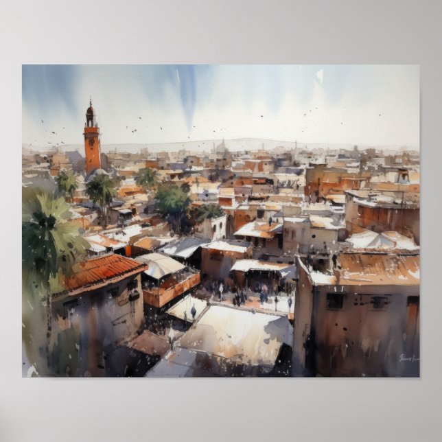 Poster d'impression de l'aquarelle Marrakech Maroc (Devant)