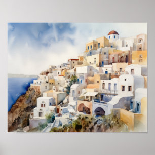 Poster d'impression de l'aquarelle Santorini Oia G