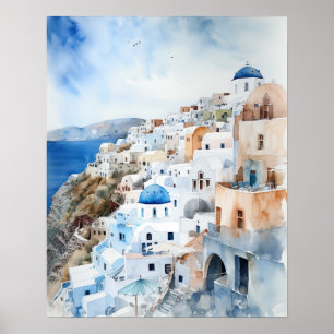 Poster d'impression de l'aquarelle Santorini Oia G