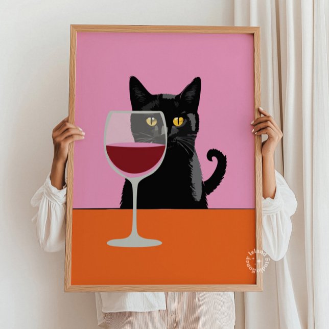 Poster d'impression en verre de vin de chat noir (black cat wine poster)