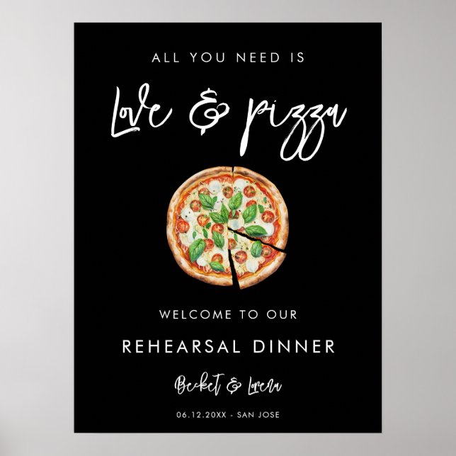 Poster Dîner contemporain noir d'amour et de pizza (Devant)