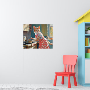 Poster Dîner cuisine femme au foyer au chat