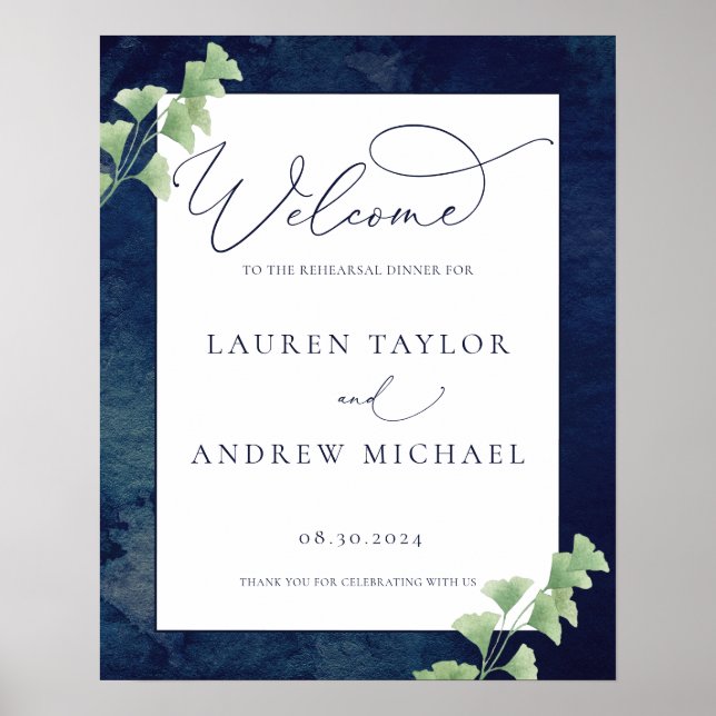 Poster Dîner de répétition à l'aquarelle Bleu foncé et ve (Devant)