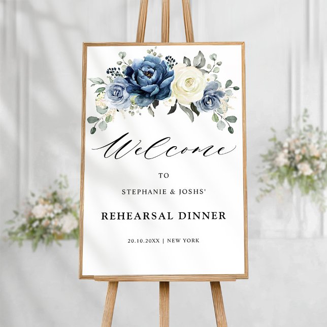 Poster Dîner de répétition Dusty Blue Champagne Pos de bi (Dusty Blue Champagne ivory floral  Rehearsal Dinner Welcome  Poster)