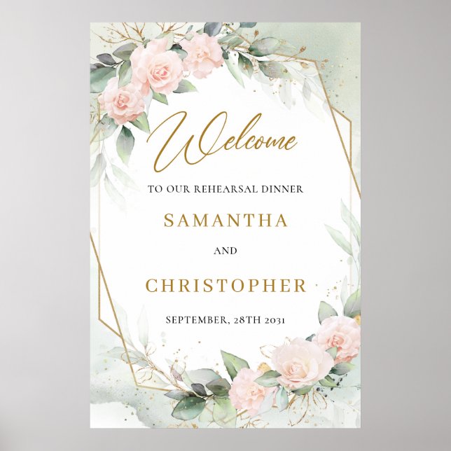Poster Dîner de répétition floral eucalyptus or blush (Devant)