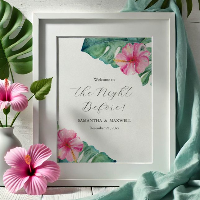 Poster Dîner de répétition mariage Signes Hibiscus Fleurs (printable wedding signs tropical destination weddings watercolor flowers & palm leaves DoTellABelle)