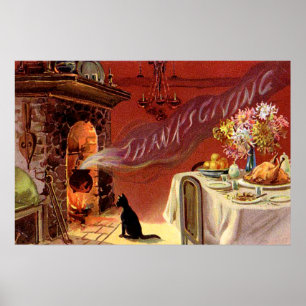 Poster Dîner de Thanksgiving Chat Noir Cheminée Dinde