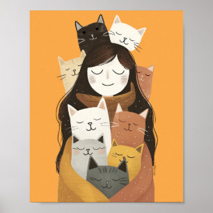 Poster Dingue Crazy dame avec de mignons chats Jaune