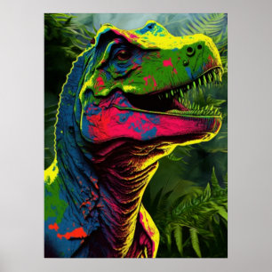 Poster Dinosaur Bleu T Rex Rose et Jungle Vert Enfants