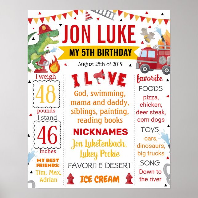 Poster Dinosaur Dino Pompier Camion Anniversaire 1069 (Devant)