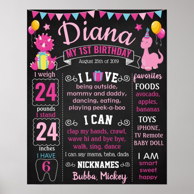 Poster Dinosaur Premier signe d'anniversaire pour une fil (Devant)