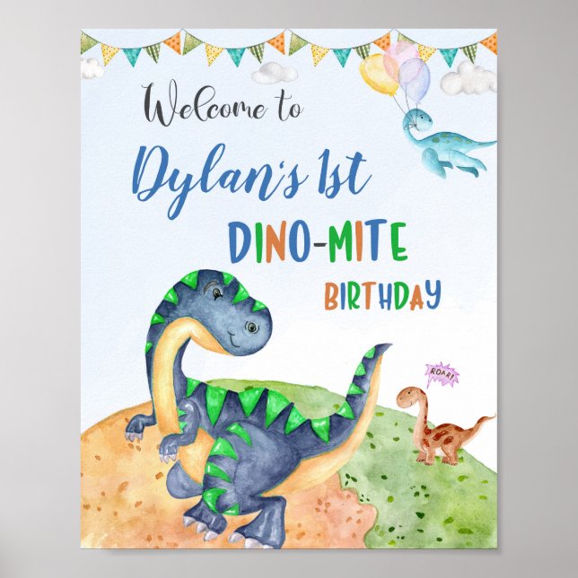 Poster Dinosaur signe de fête de bienvenue Dino-mite (Devant)