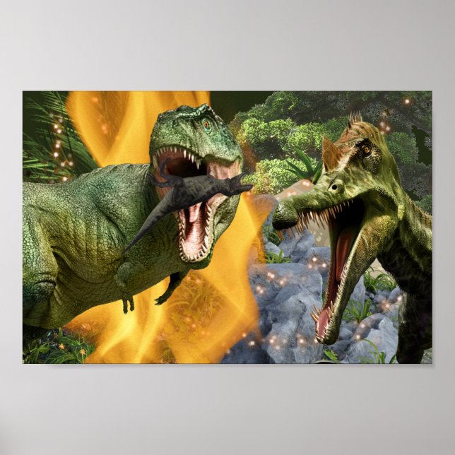 Poster Dinosaur T-rex combat flammes garçons Dino thème (Devant)