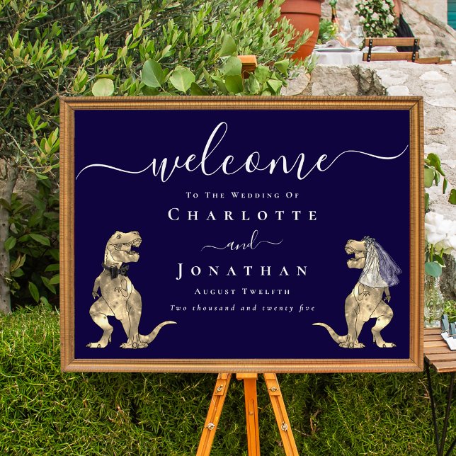 Poster Dinosaur Theme Navy Blue Wedding Welcome Sign (Elegant Dinosaur navy blue wedding Welcome poster sign T-Rex bride and groom dino whimsical script)