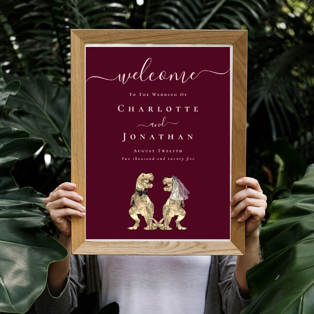 Poster Dinosaur Wedding Welcome Burgundy Wine Blush Pink (Dinosaur T-Rex bride and groom elegant blush pink script burgundy wine wedding welcome sign Poster)