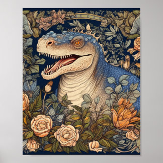 Poster Dinosaure et fleurs de style Art nouveau