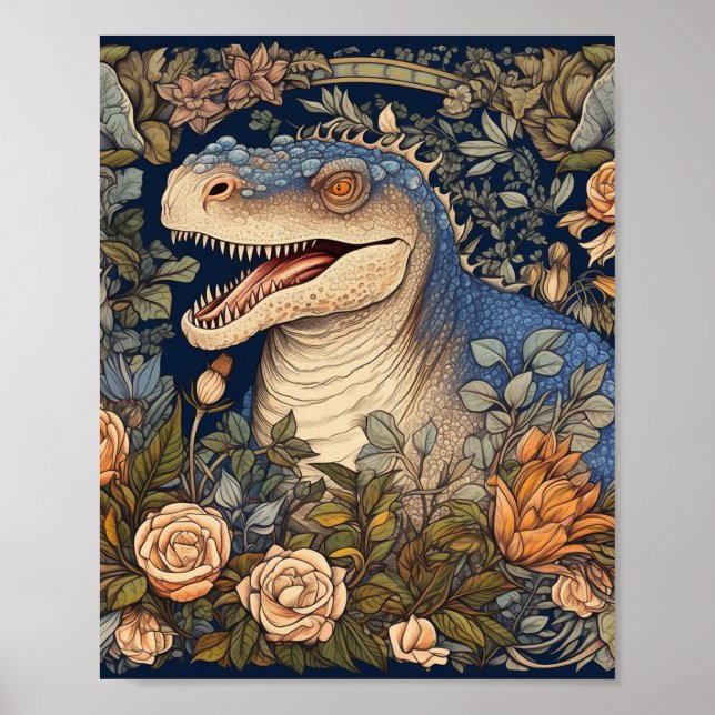 Poster Dinosaure et fleurs de style Art nouveau (Devant)