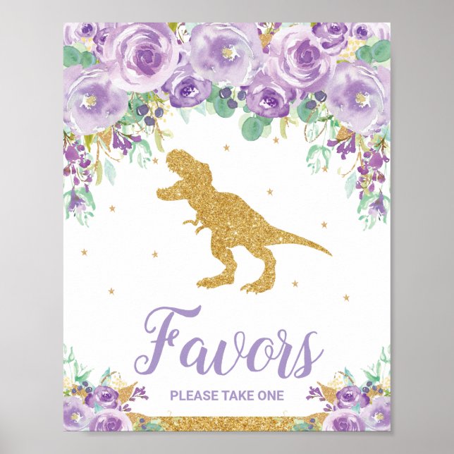 Poster Dinosaure Floral Violet Fête Anniversaire Fille Fa (Devant)
