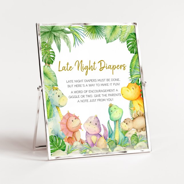 Poster Dinosaure Garçon de verdure Bébé Diapeurs de nuit  (Rawr! It's a Boy Dino Baby Shower Late Night Diapers Sign)