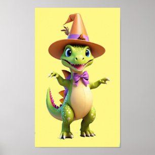 Poster Dinosaure magicien vert mignon
