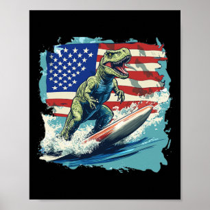 Poster Dinosaure Rouge Blanc Bleu Surfant Pour Juri Patri