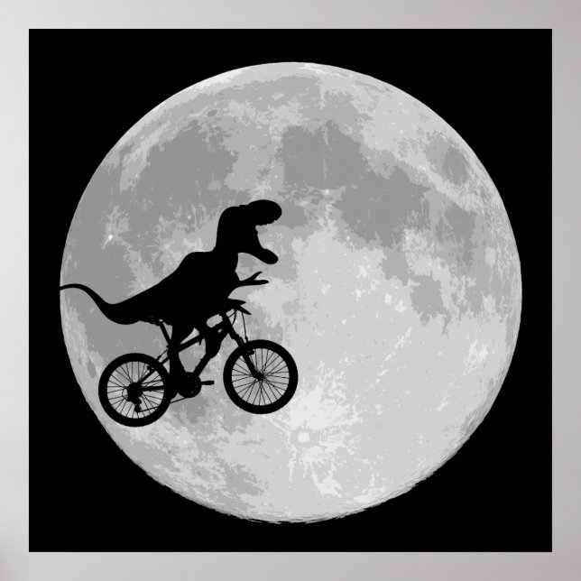 Poster Dinosaure sur un vélo dans le ciel avec la lune (Devant)
