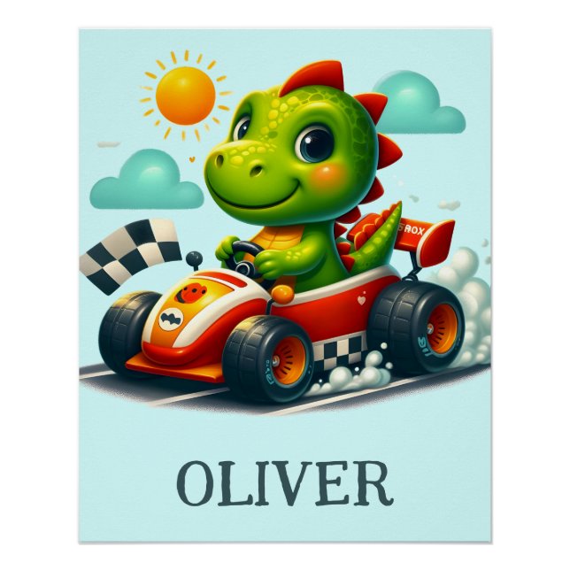 Poster Dinosaure vert mignon dans une voiture de course (Devant)