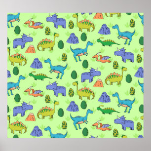 Poster Dinosaures mignons, Style Dessin Caricature.