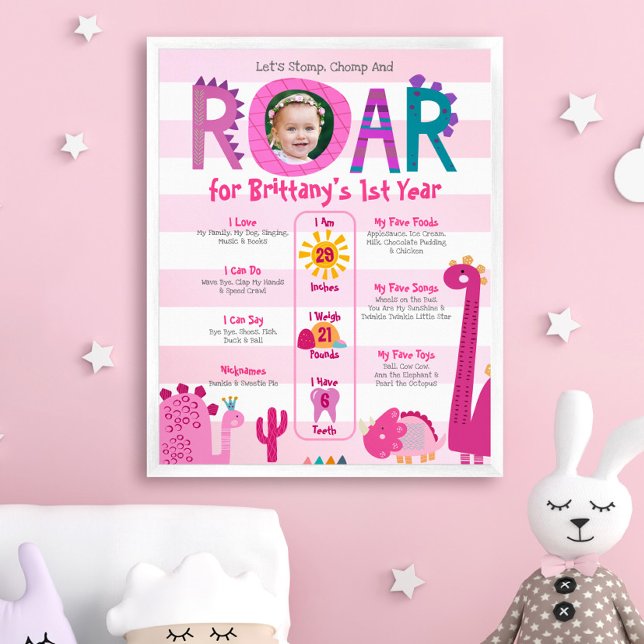 Poster Dinosaures roses Photo Girl 1er anniversaire Jalon (Créateur téléchargé)