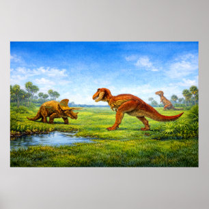 Poster Dinosaures Tyrannosaurus & Triceratops préhistoriq