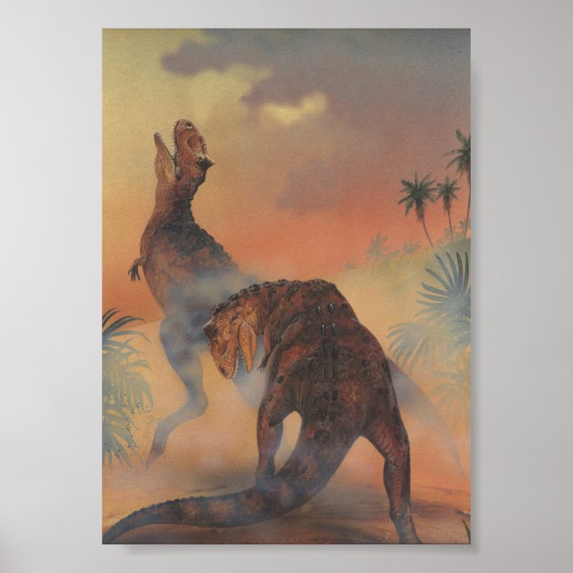 Poster Dinosaures vintages, Carnotaurus rugissant dans la (Devant)