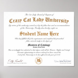 Poster Diplôme de CCLU - joint d'or - portrait de chat