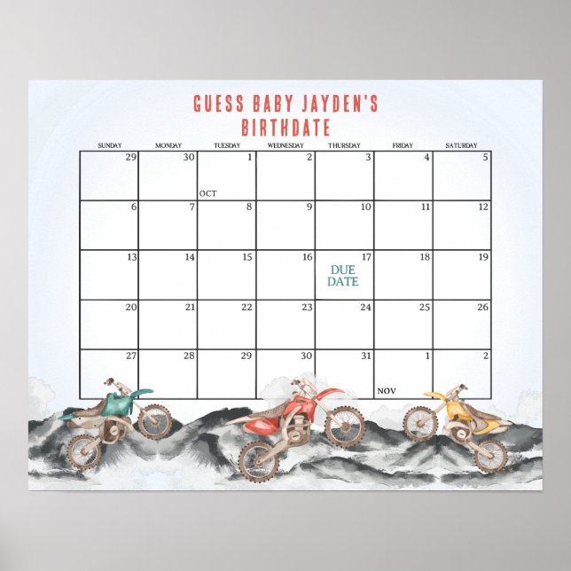 Poster Dirt Bike Baby shower devine la date d'échéance (Devant)