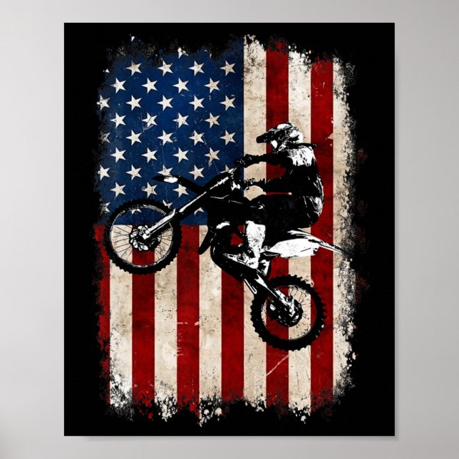 Poster Dirt Bike Drapeau Américain Motocross Biker 4 Juil (Devant)