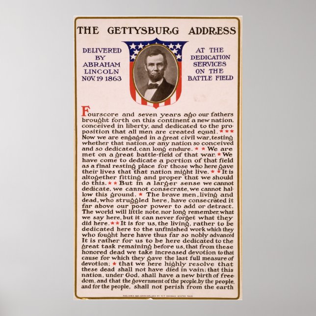 Poster Discours de Gettysburg par Abraham Lincoln 1863 (Devant)
