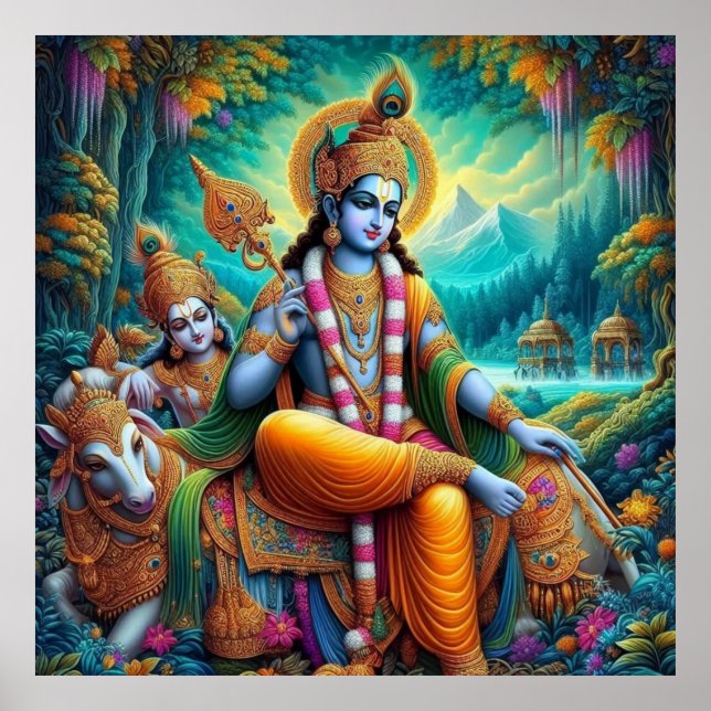 Poster Divine Bleu Spirituel Krishna Art (Devant)