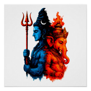 Poster Divine Dualité : T-Shirt Bleu Shiva & Ganesha