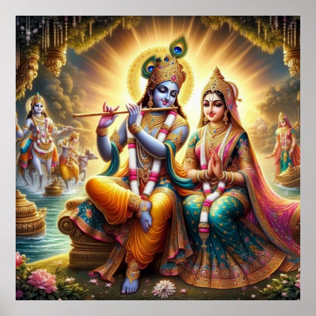 Poster Divine Vibrant traditionnel Radha Krishna Art (Devant)