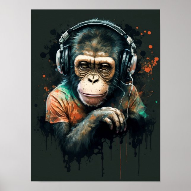 Poster DJ Monkey Chimp avec casque, amoureux de musique. (Devant)