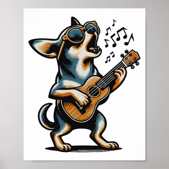 Poster Dog Playing Guitar Singing Chihuahua Funny Dog Mar (Devant)