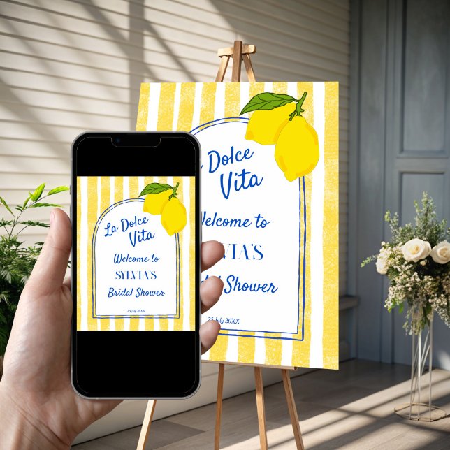 Poster Dolce vita Lemons Douche italienne bienvenue (Dolce vita yellow stripes Lemons retro Italian bridal shower personalized welcome sign Poster)