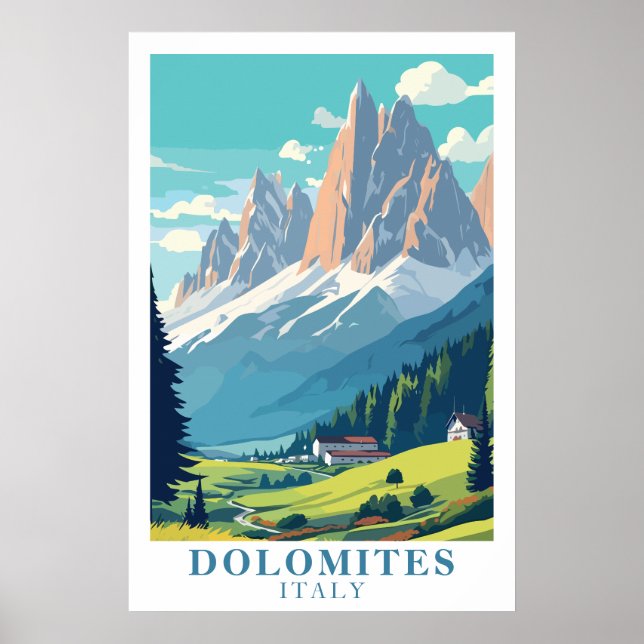 Poster Dolomites Italy Retro Travel Mountain Alpine Art (Devant)