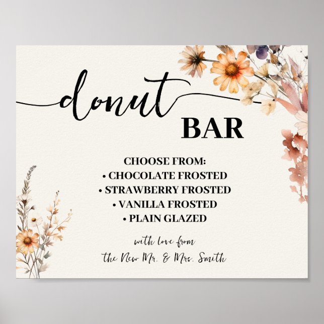 Poster Donut Bar Mariage Fête des mariées Automne Fleurs  (Devant)